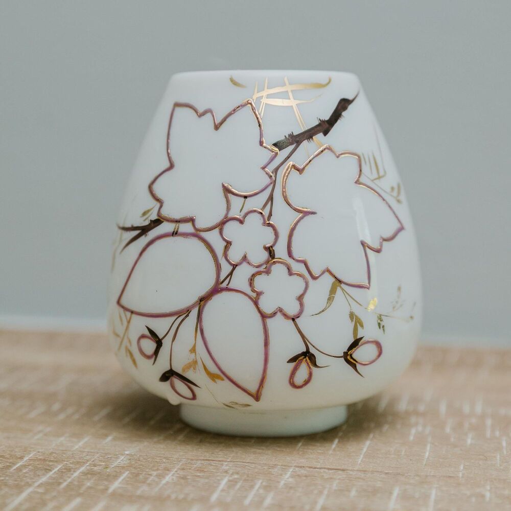 Vintage Milk Glass Vase with Hand Painted Floral Design Gold & Pink Flowers MCM